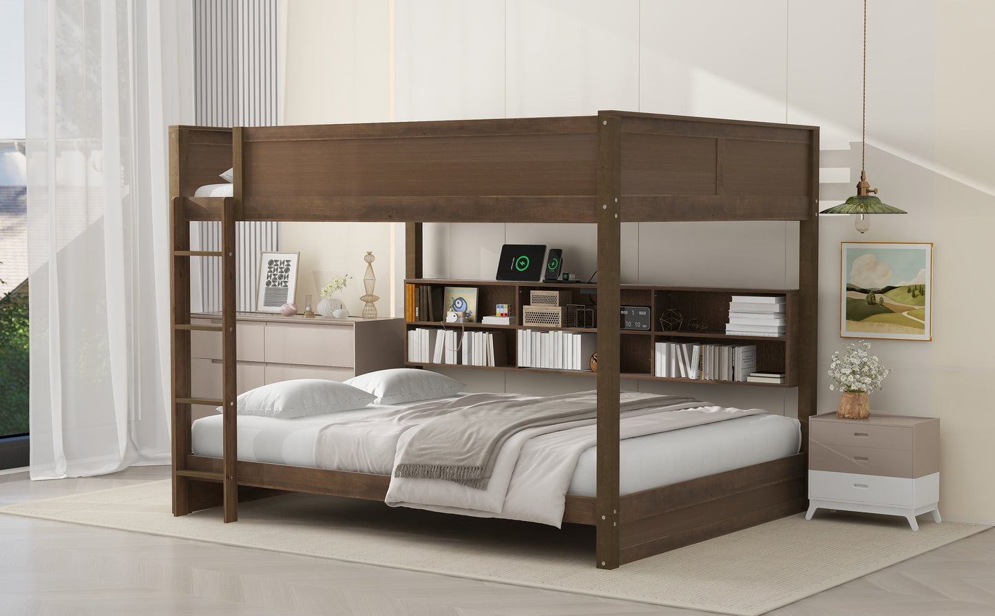 Queen over Queen Bunk Bed with Storage Cabinets and USB Ports