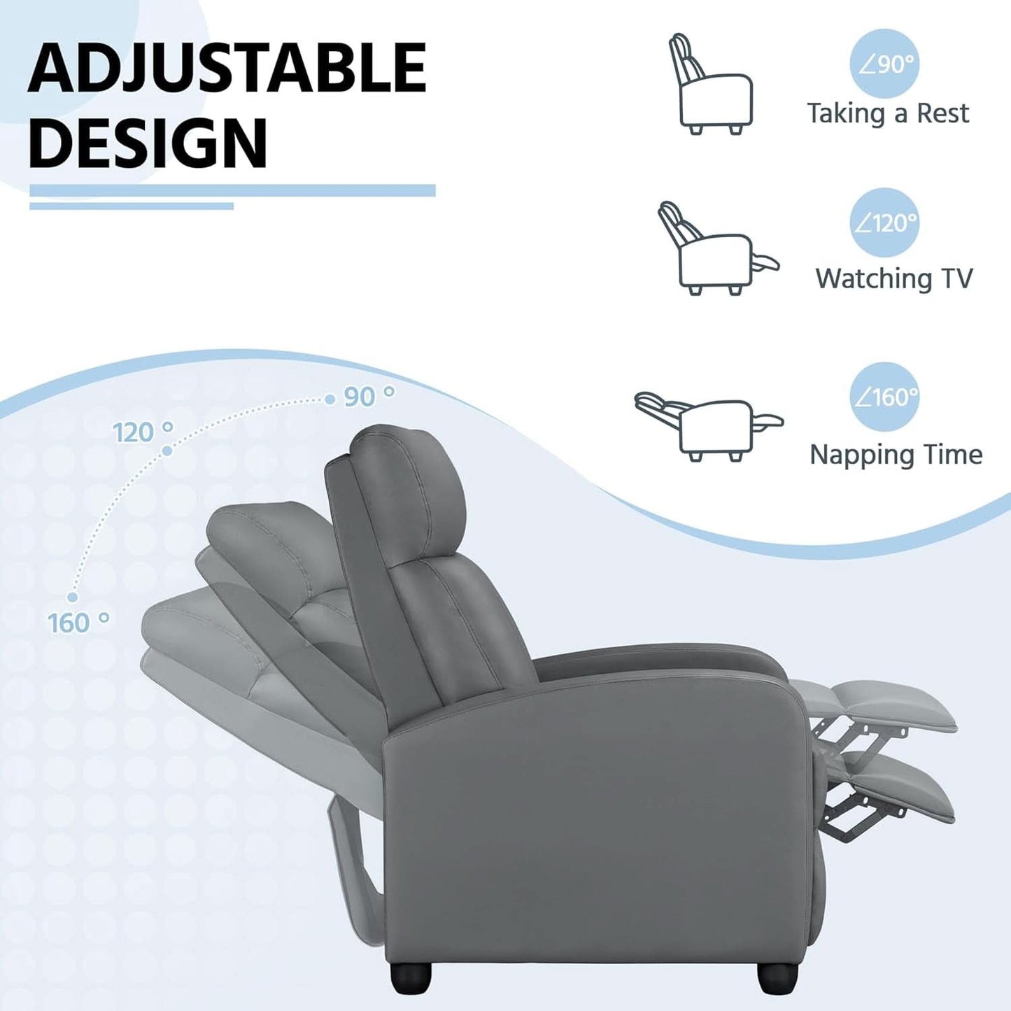 Gray PU Leather Recliner Chair With Lumbar Support