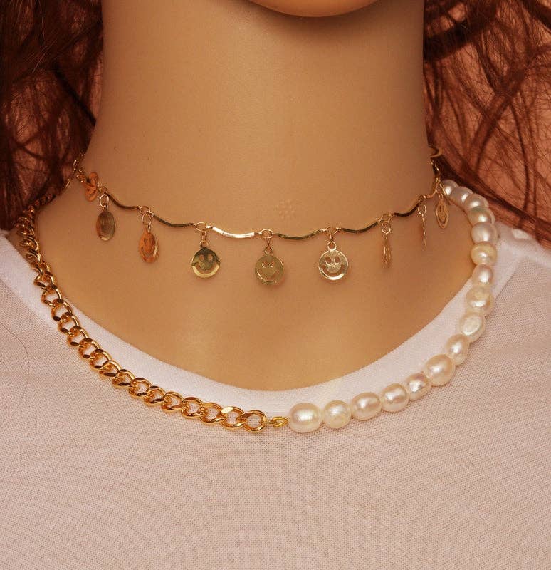 Freshwater Pearl Gold Curb Cuban Chain Necklace, Sku#EF212