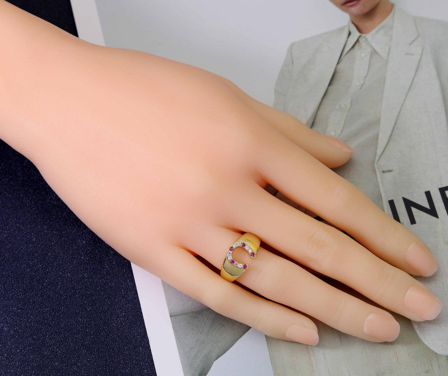 Fuchsia CZ Horseshoe Signet Ring, Sku#LK749