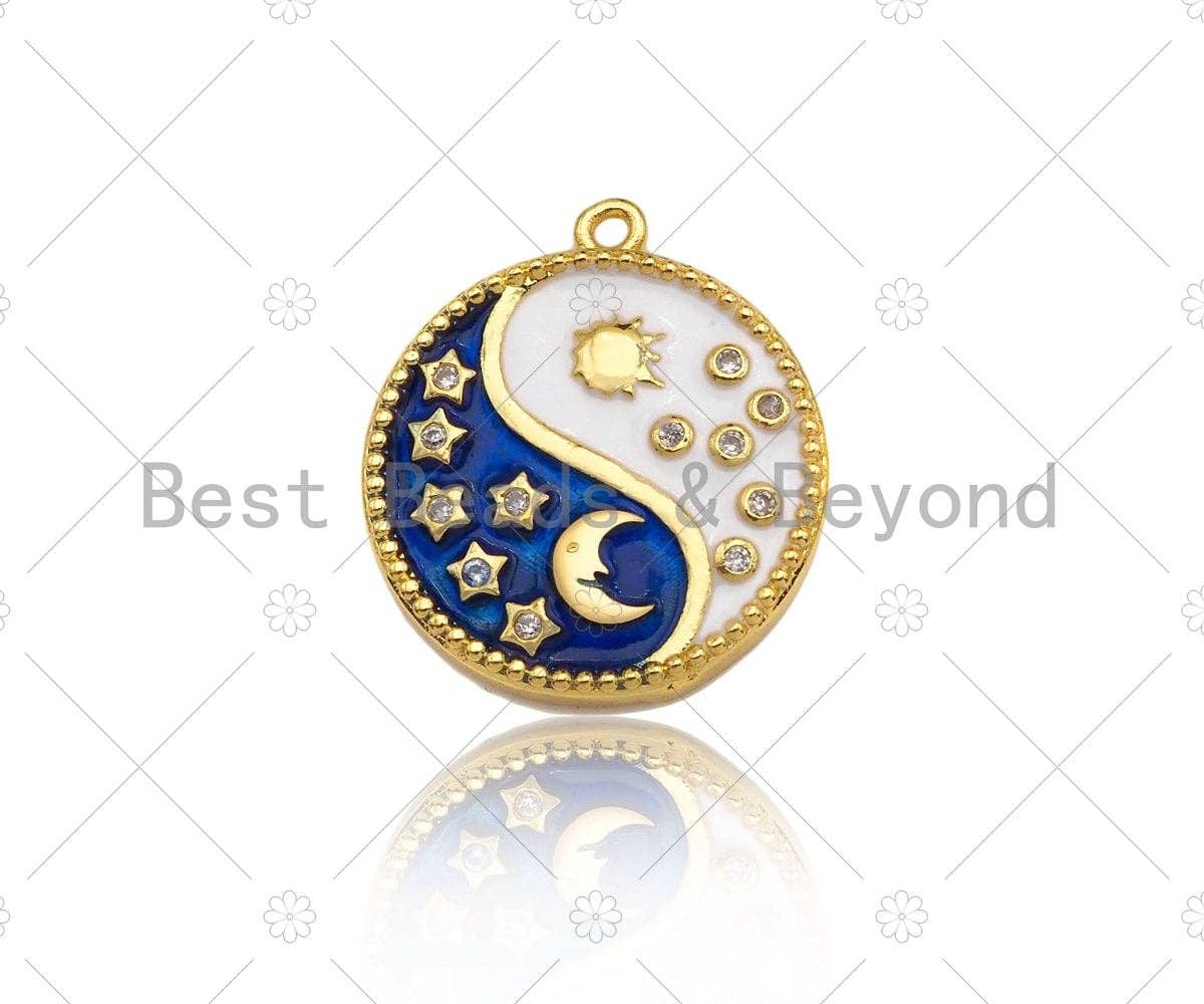 Enamel Cobalt White Yin Yang Pendant,Moon Star Sun Gold/Silver Pendant,Religious Enamel Jewelry,19x21mm,Sku#B129