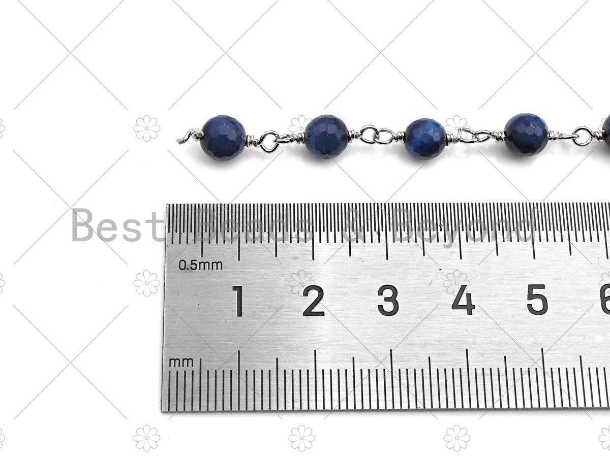 Mystic Blue Agate Faceted Tiger Eye Rosary Chain, 6mm Beaded Chain, Wire Wrapped Silver Plated Chain,Sku#V92