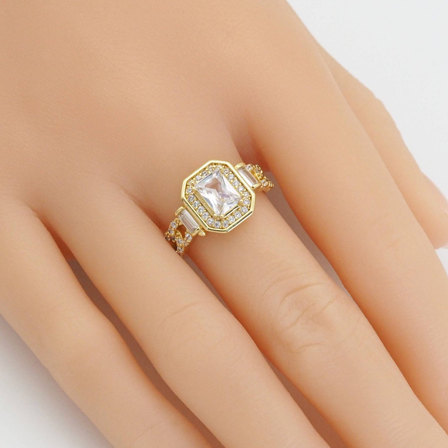 Rectangle CZ Gold Silver Diamond Ring, Sku#A141