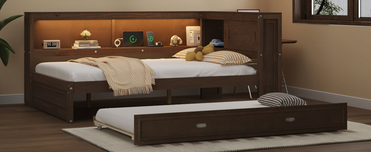 Full Size Wood Daybed with Storage Shelves, USB, LED, and Trundle
