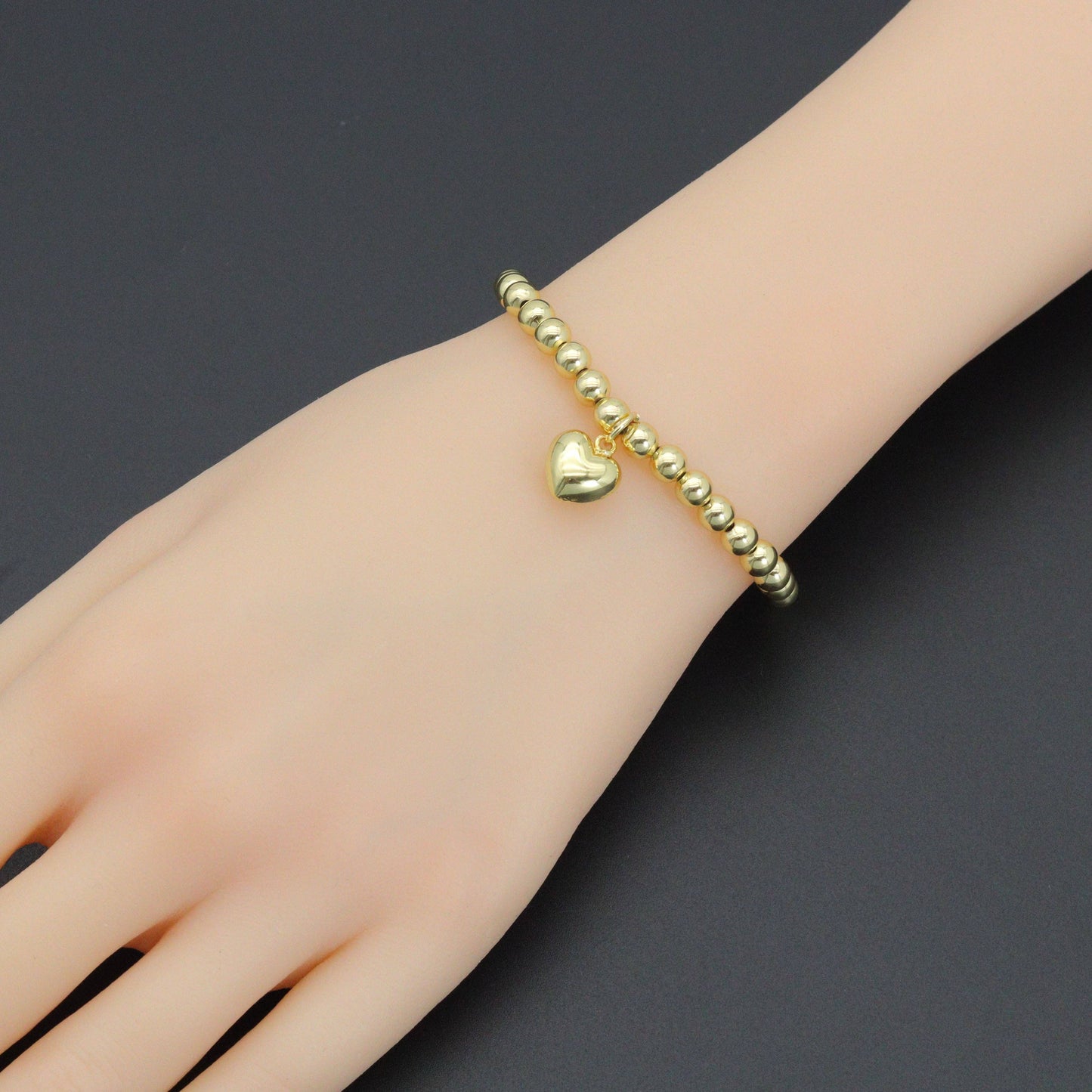 Gold Hematite Ball Beads with Puffy heart stretchy Bracelet, Sku#L726