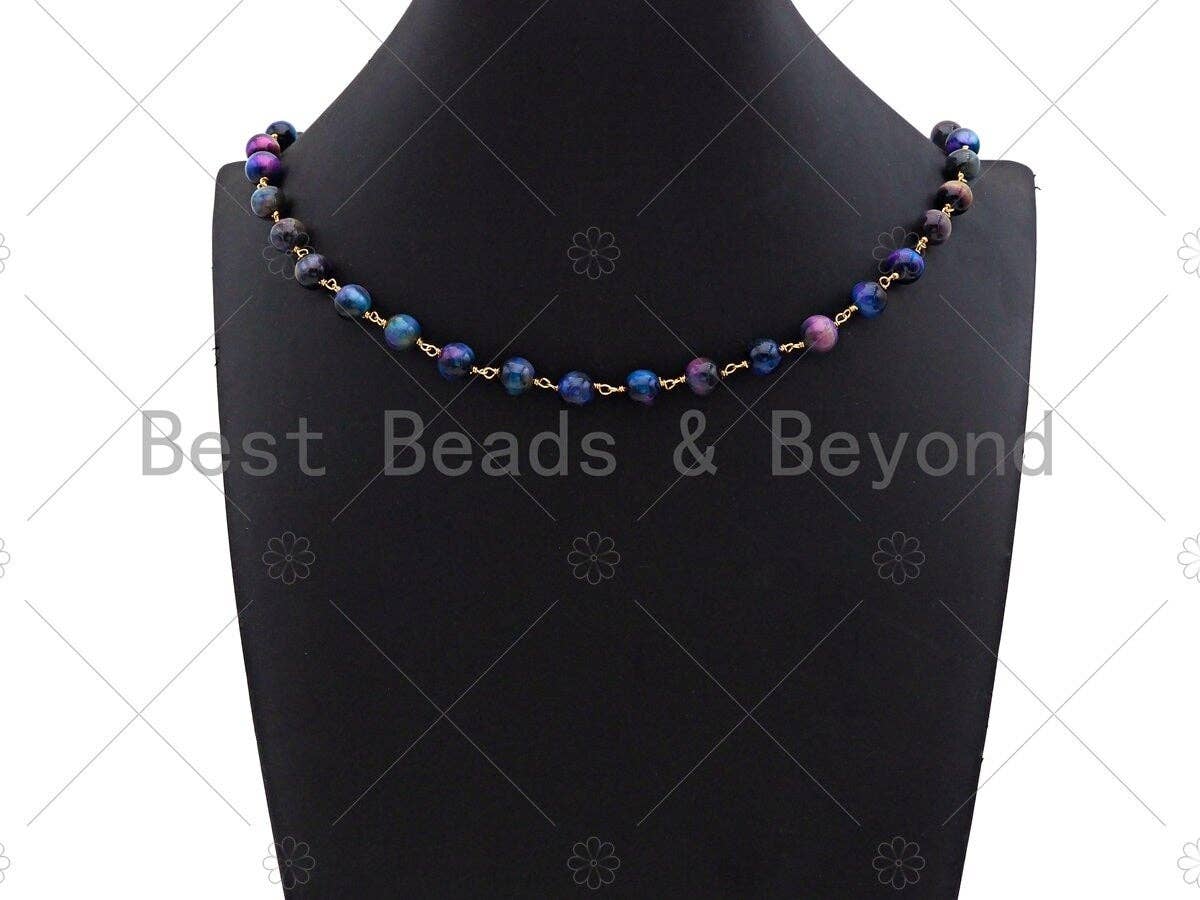 Purple/Glaxy High Quality Tiger Eye Rosary Chain, 8mm Beaded Chain, Wire Wrapped Gold Chain,Sku#V80