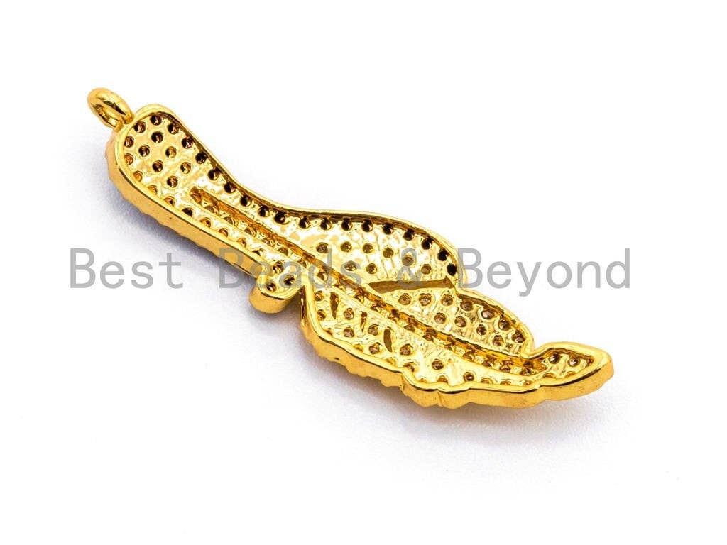 Dual Color Plated, CZ Micro Pave Leaf/Feather Pendant, Cubic Zirconia Pendant, 10x36mm, 1pc, SKU#F350