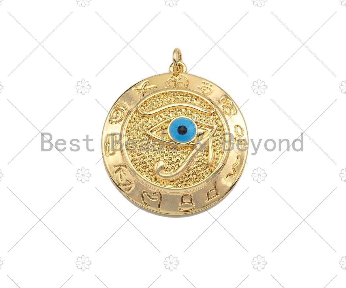 CZ Micro Pave Turquoise Blue Evil Eye On Round Coin Pendant,Cubic Zirconia Medallion Charm, Necklace Bracelet Pendant,30x33mm, Sku#L428