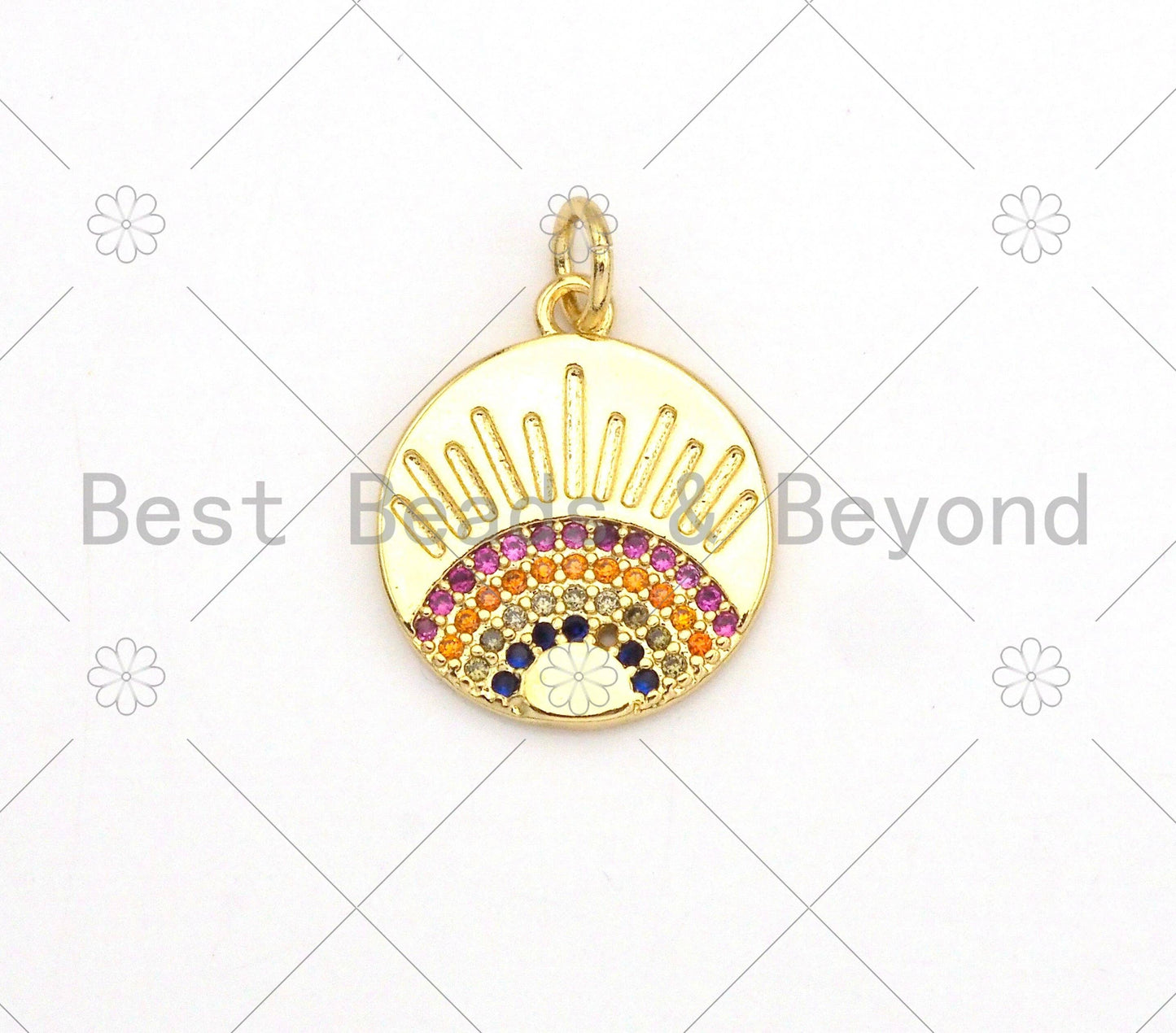 Colorful CZ Micro Pave Rainbow On Round Coin Shape Pendant,18K Gold Filled Medallion Charm, Necklace Bracelet Pendant,14x17mm,Sku#LK375