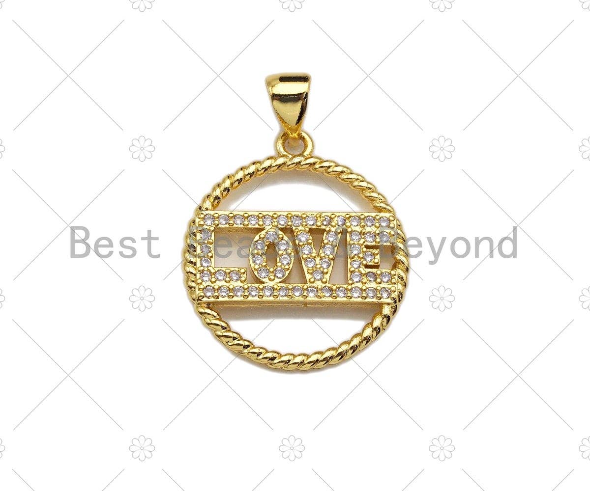 18k Shiny Gold Love On Round Ring Charms, Gold Ring Charms,Gold Pendant, Round Necklace Charms, 18x20mm, Sku#LK147