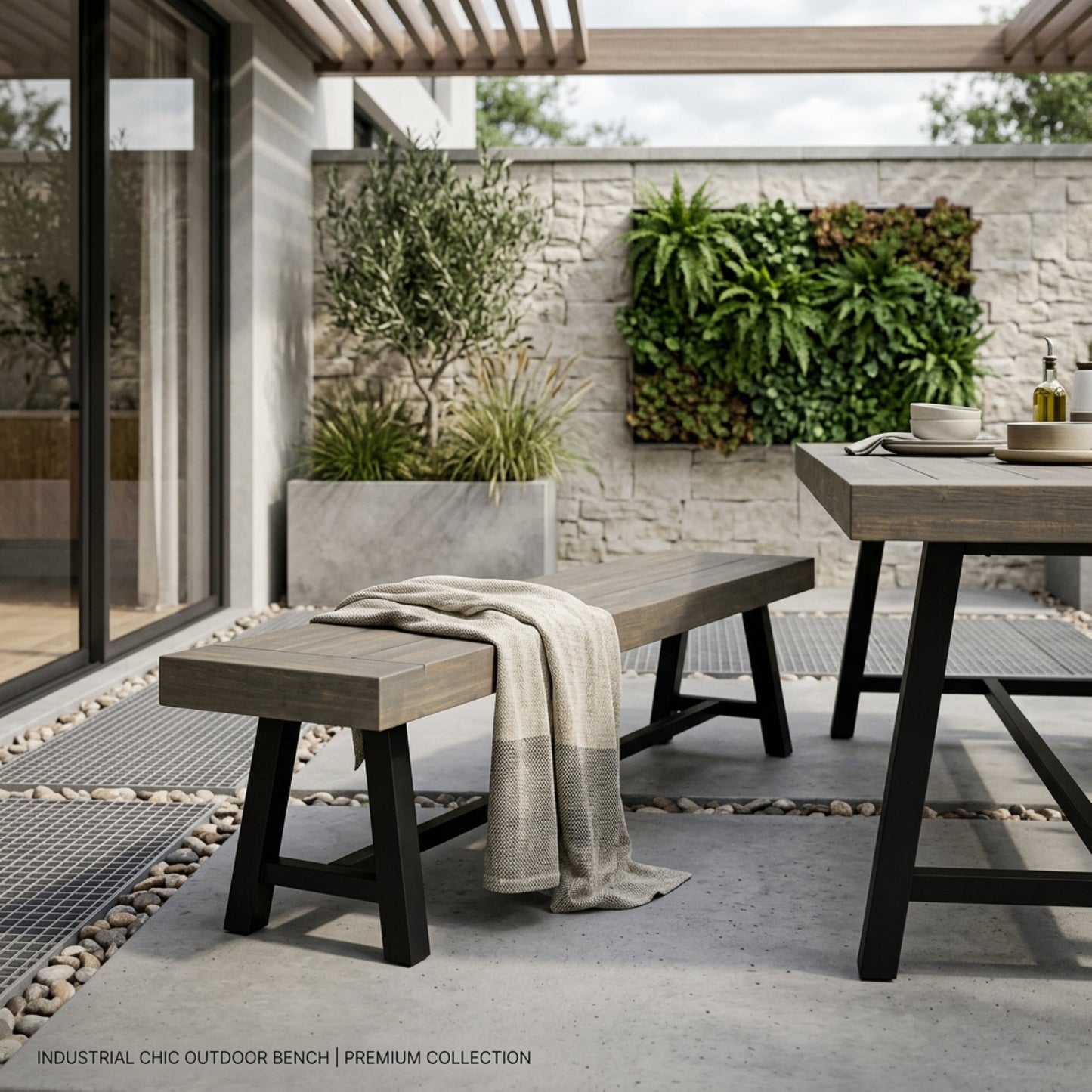 Outdoor Acacia Wood Patio Bench, Grey/Rustic Metal