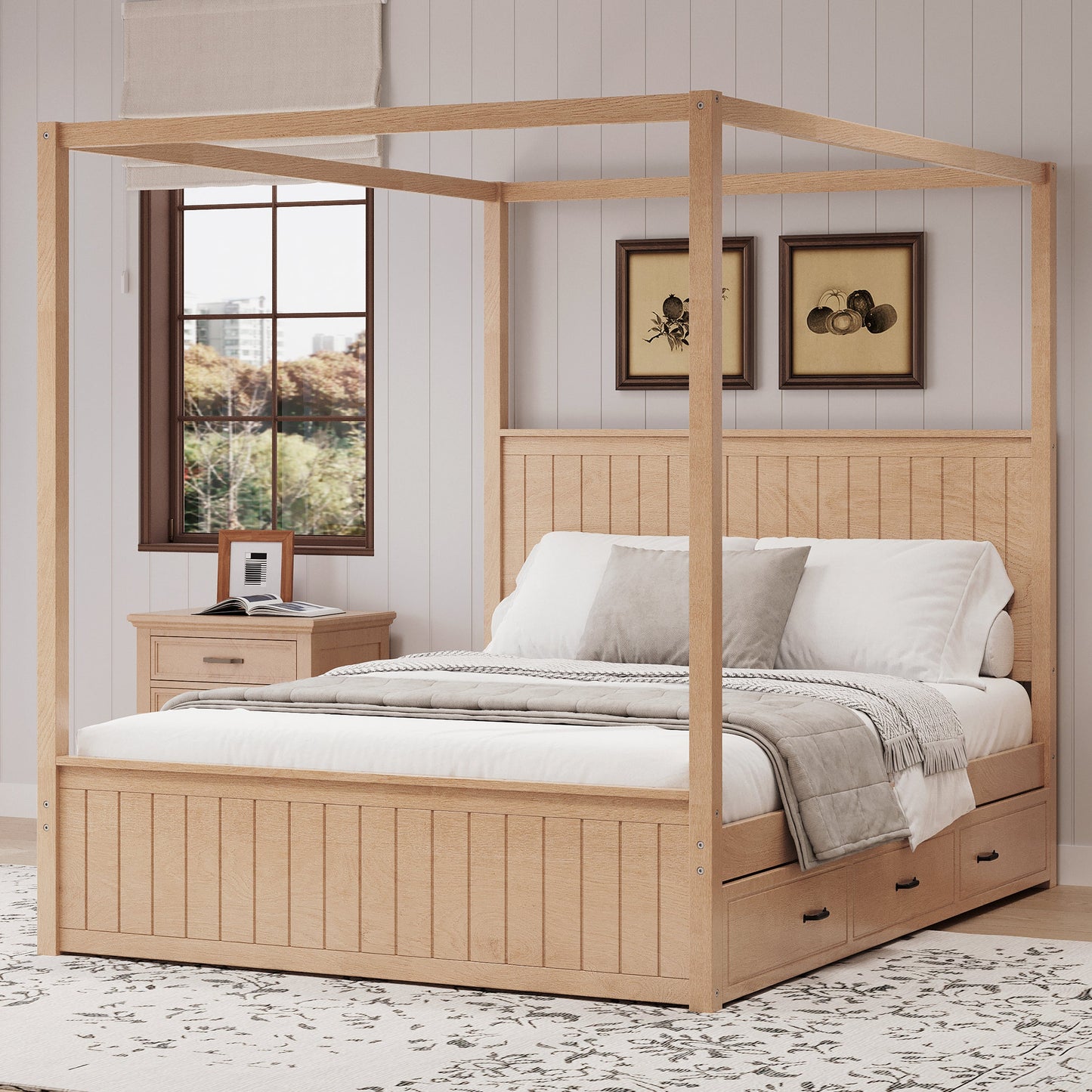 Queen Size Canopy Bed with Trundle and Storage