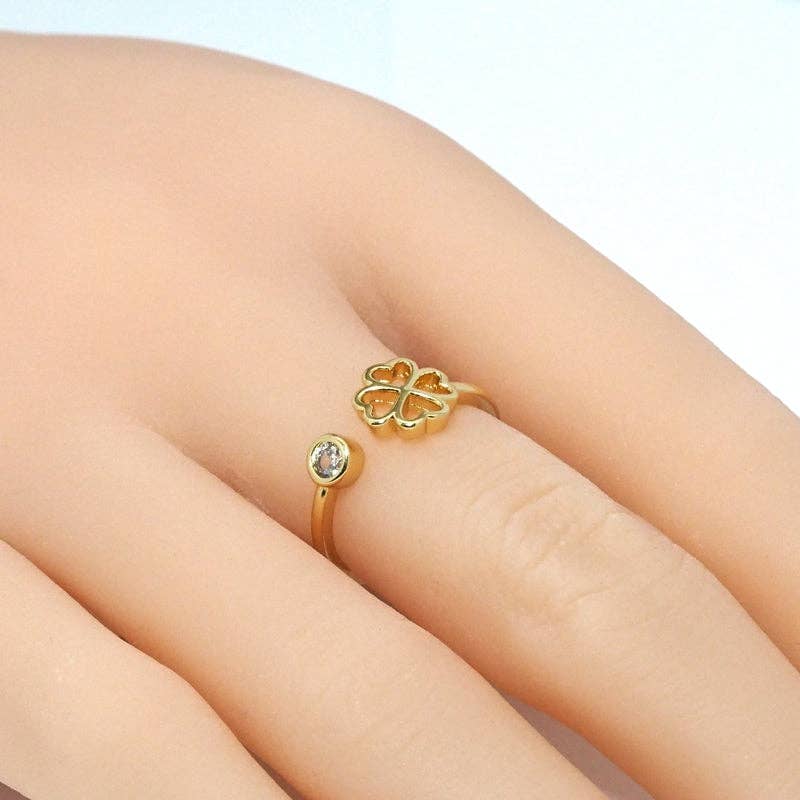 Gold CZ Clover Adjustable Ring, Sku#LK803