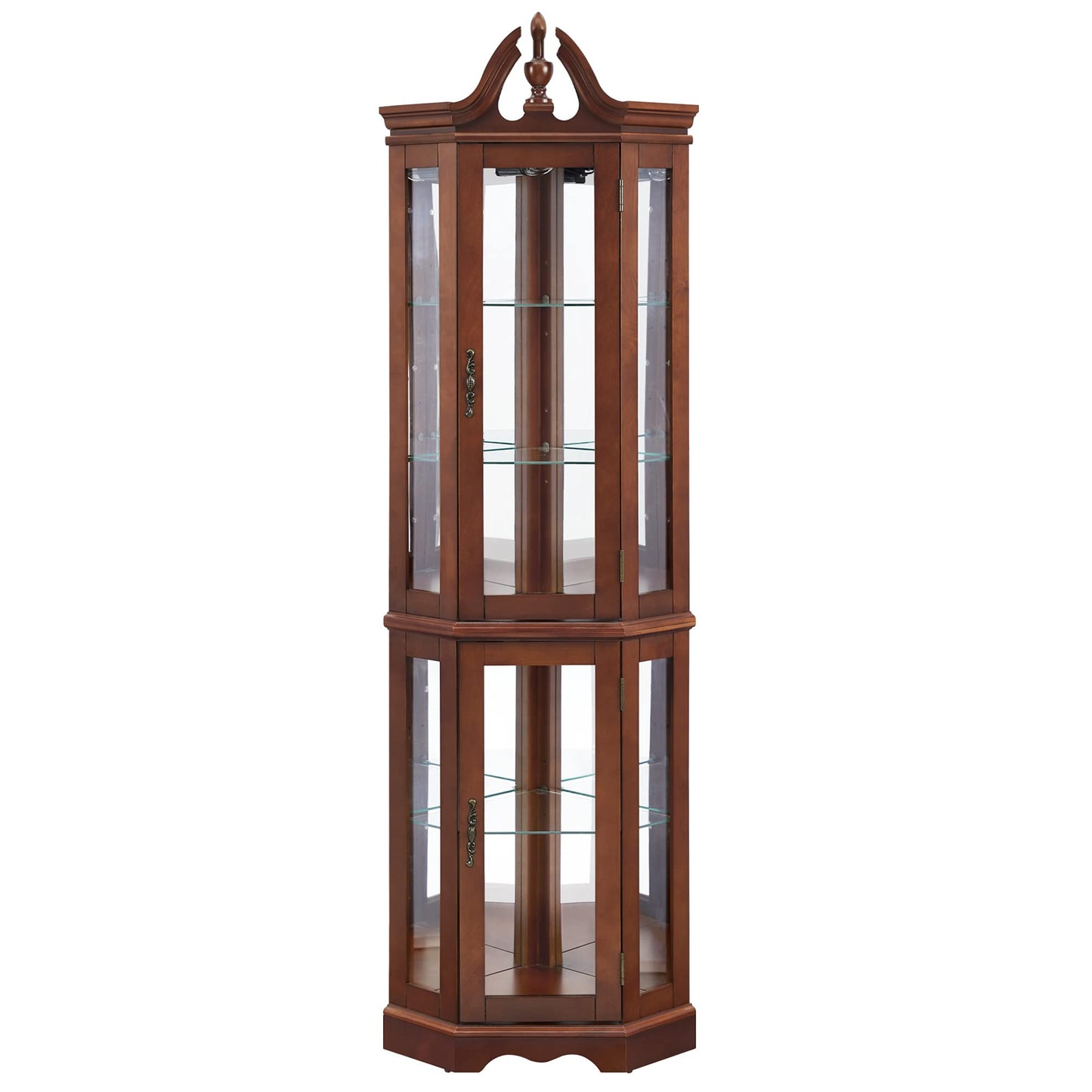 Walnut Corner Curio Cabinet with Lights