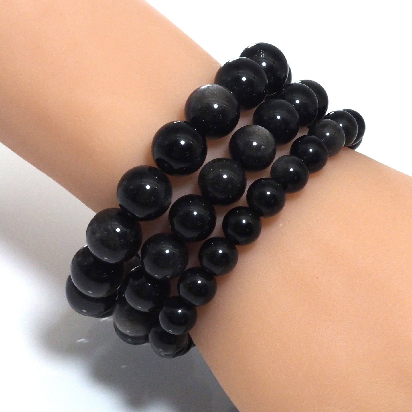 Genuine Silver Obsidian Round Smooth Stretchy Bracelet, 8mm/10mm/12mm, Sku#EF300
