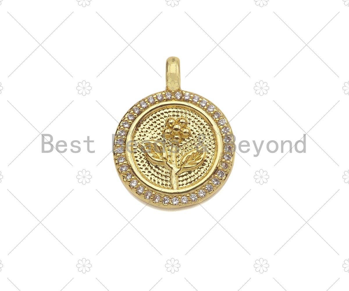 CZ Micro Pave Rose Flower On Coin Shape Pendant/Charm,18K Dianty Gold Medallion Charm, Necklace Bracelet Charm Pendant,15x19mm, Sku#LK251