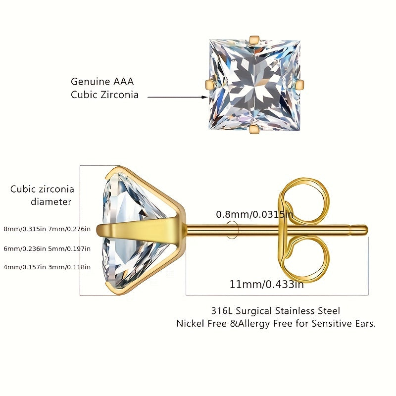 Boucles d'oreilles clous carrées en acier inoxydable 316 avec oxydes de zirconium