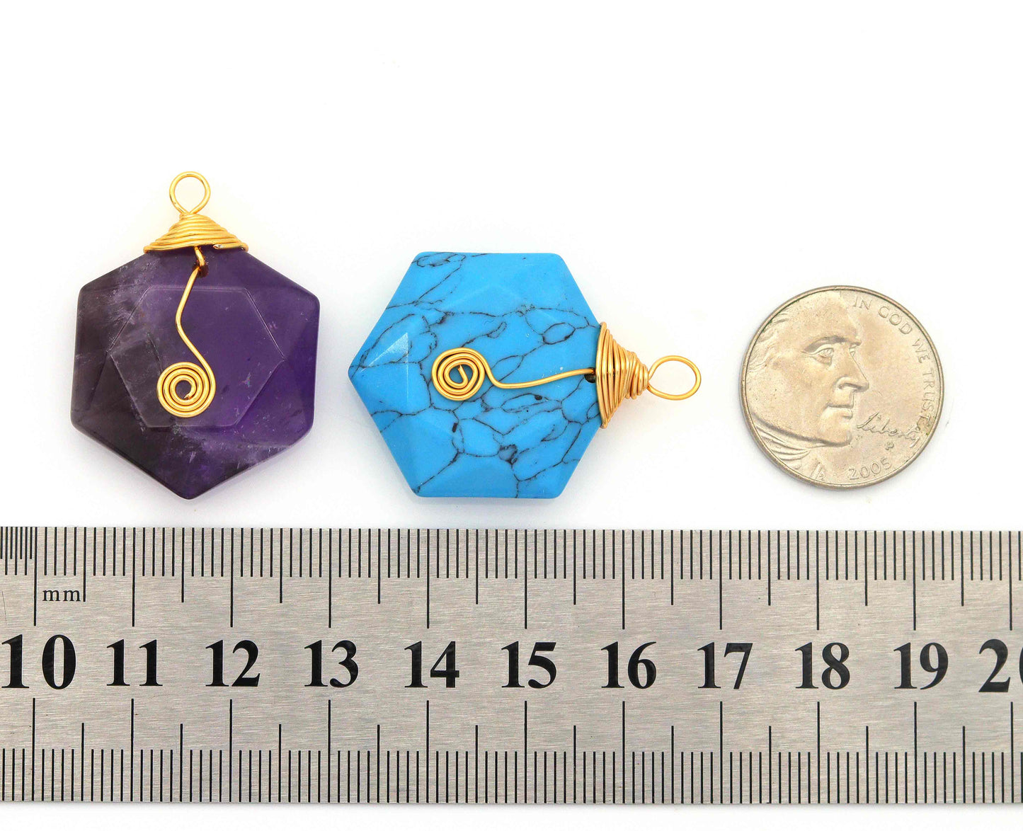 Gold Hexagon Gemstone Pendant, Sku#LY04