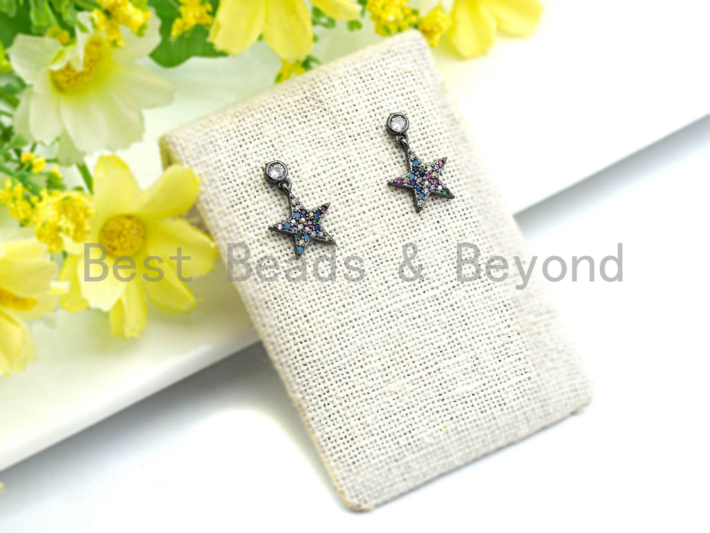CZ Micro Pave Five Star Shape Dangle Earrings, Cubic Zirconia Gold/Silver/Rose Gold/Black Stud Earring, 12x17mm,sku#J59