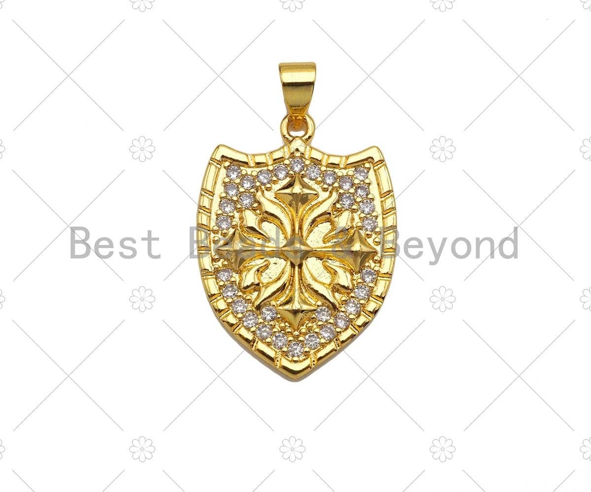 CZ Micro Pave Cross On Shield Shape Pendant/Charm,Cubic Zirconia Charm, Necklace Bracelet Charm Pendant,19x26mm, Sku#LK189