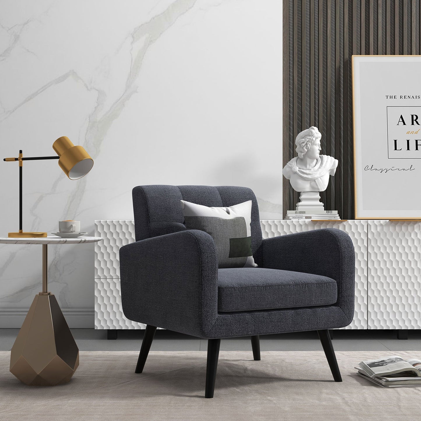 Modern Upholstered Comfy Accent Chair Single Sofa with Rubber Wood Legs
