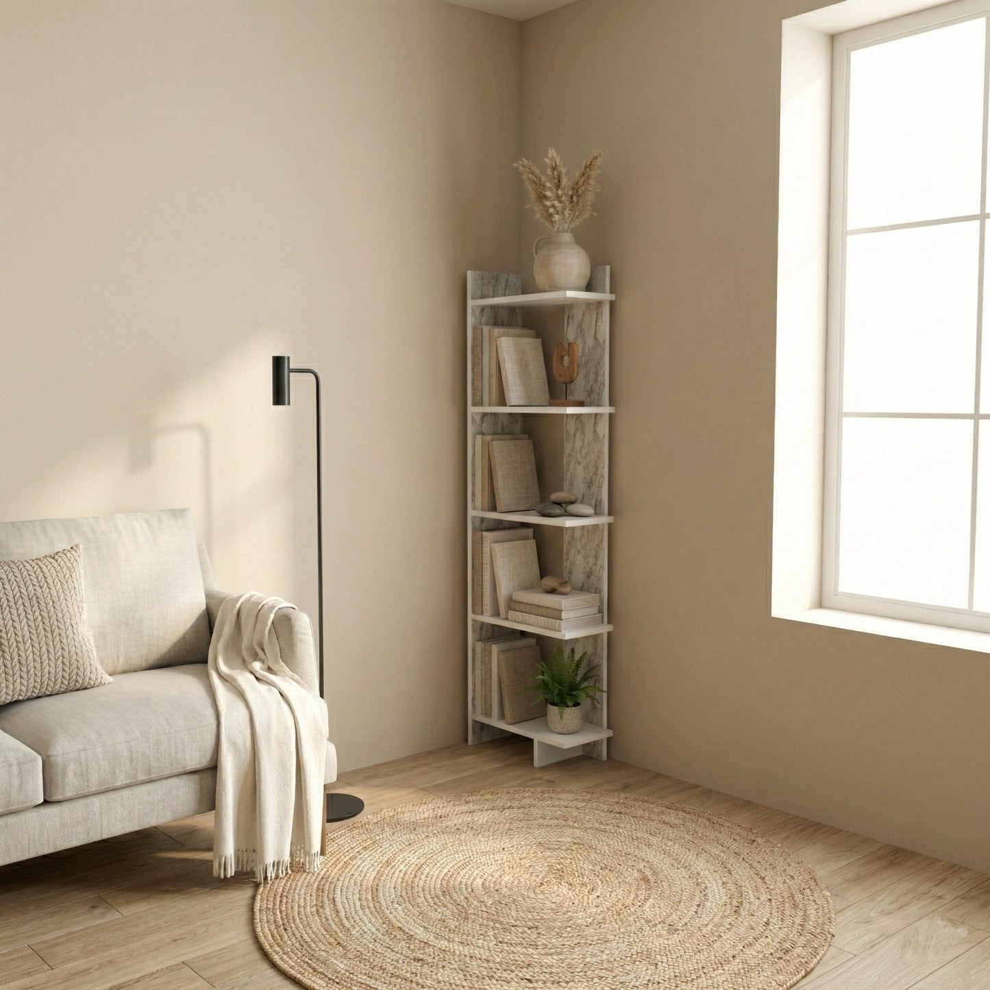 Alice 67” Corner Bookcase – 5-Tier Narrow L-Shaped Wall-Mounted Corner Bookshelf