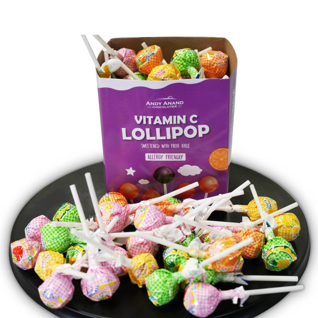 Andy Anand Vitamin C Lollipops, 29 ct, 8.8 oz – Real Fruit Juice, Keto, Kids Immune Support, Birthday & Holiday Gift Box