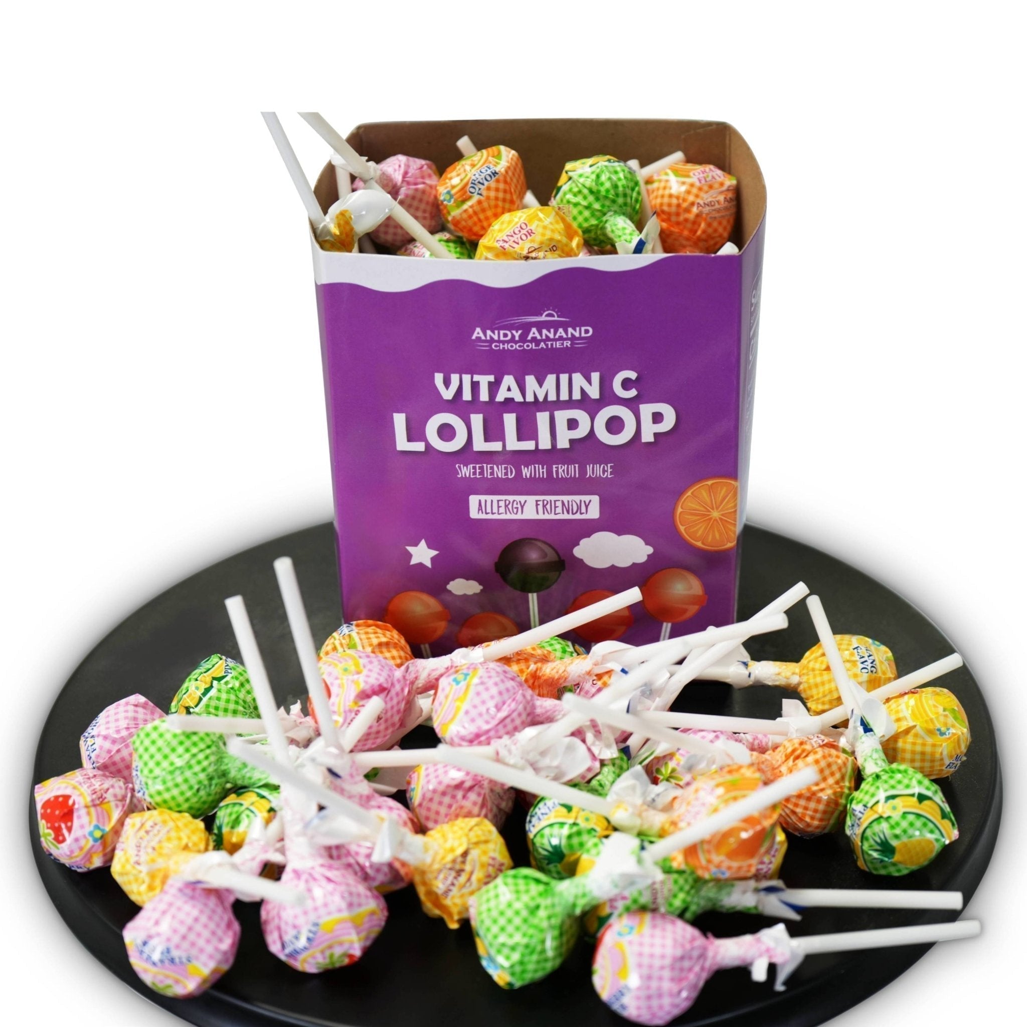 Andy Anand Vitamin C Lollipops, 29 ct, 8.8 oz – Real Fruit Juice, Keto, Kids Immune Support, Birthday & Holiday Gift Box