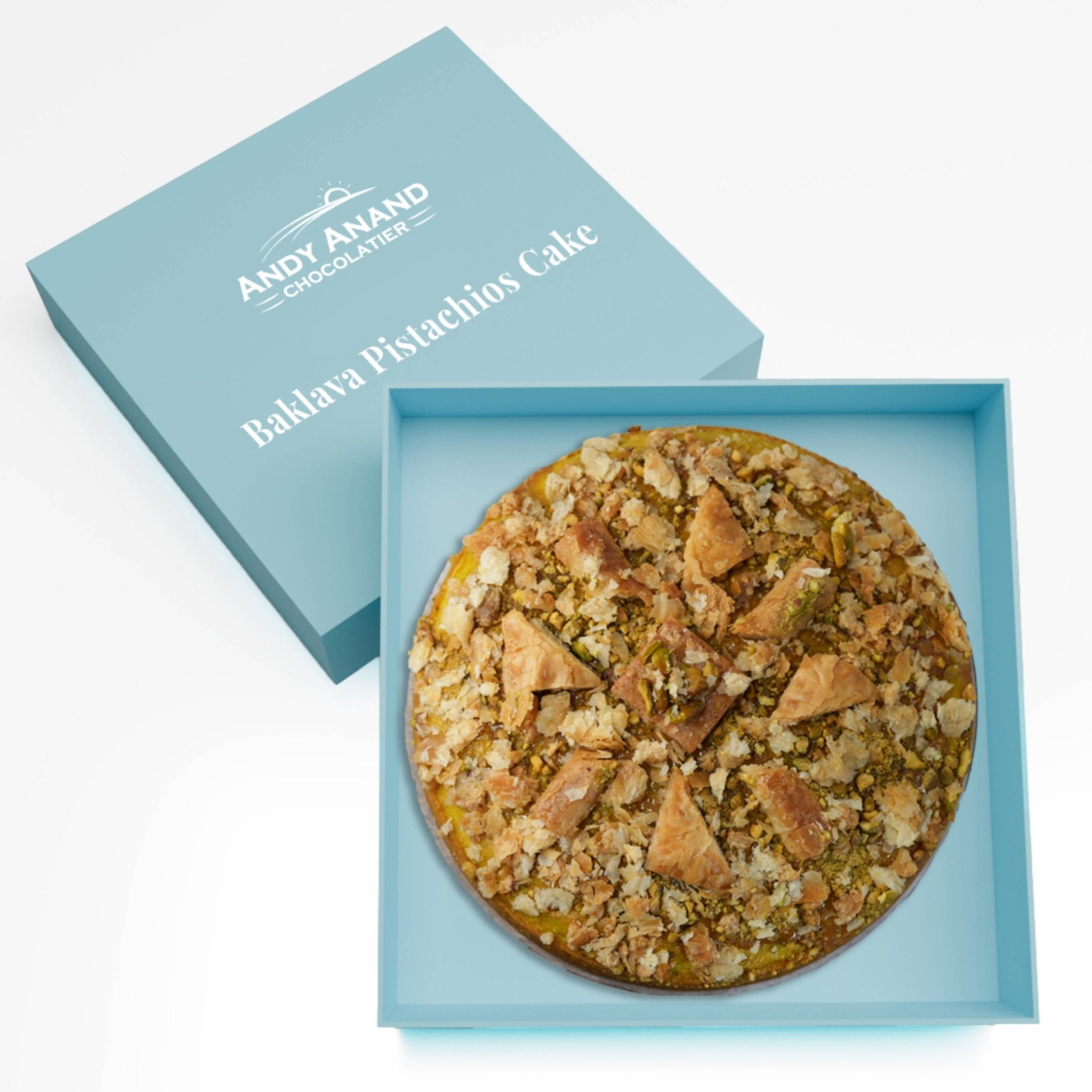 Andy Anand Baklava Pistachio Cake, 9-Inch, 2.8 lb – Turkish Baklava & California Pistachio Fusion, Freshly Baked, Birthday Gift Box