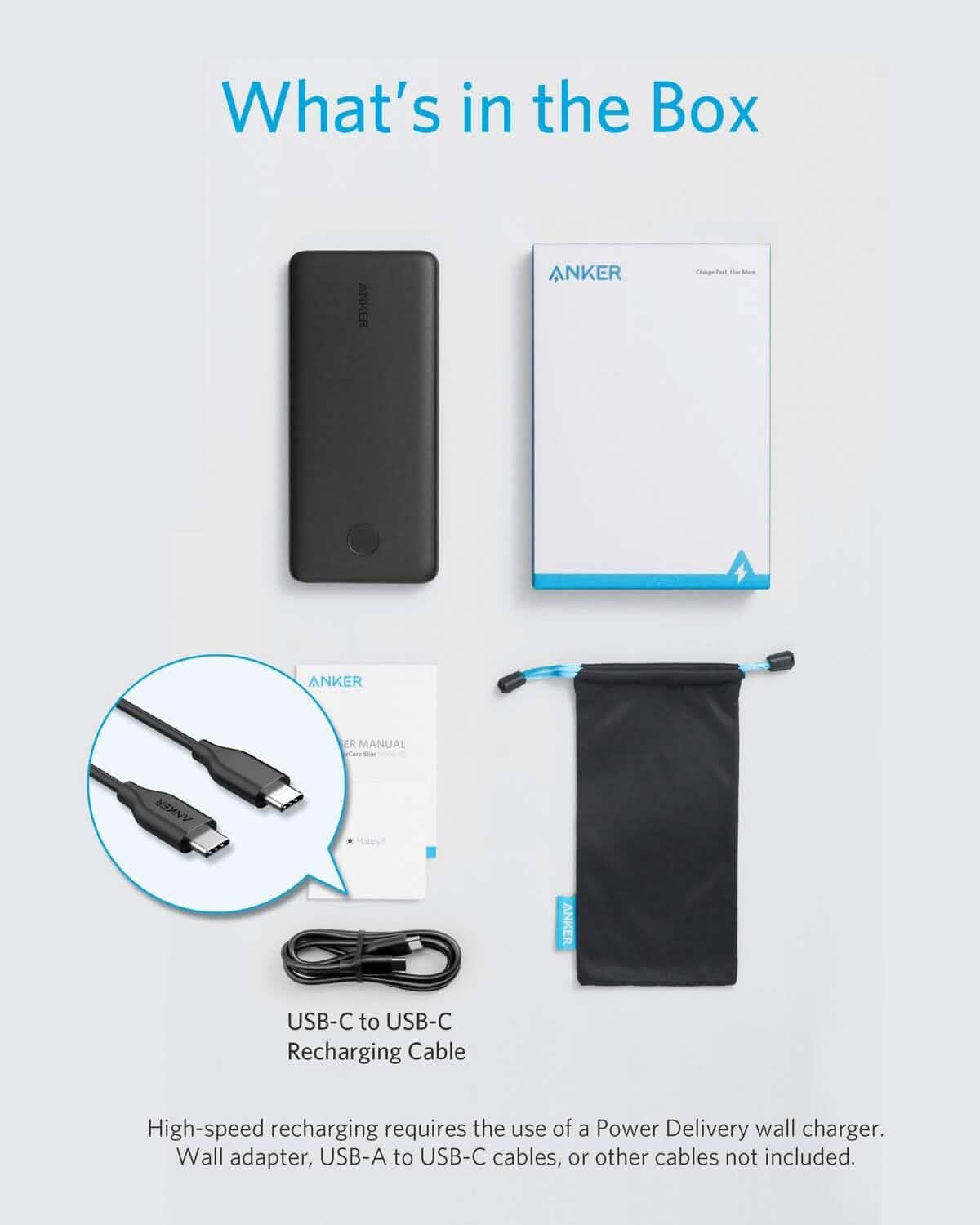 Chargeur portable Anker USB-C, PowerCore Slim 10000 PD 18 W, batterie externe Power Delivery 10000 mAh (reconditionnée)