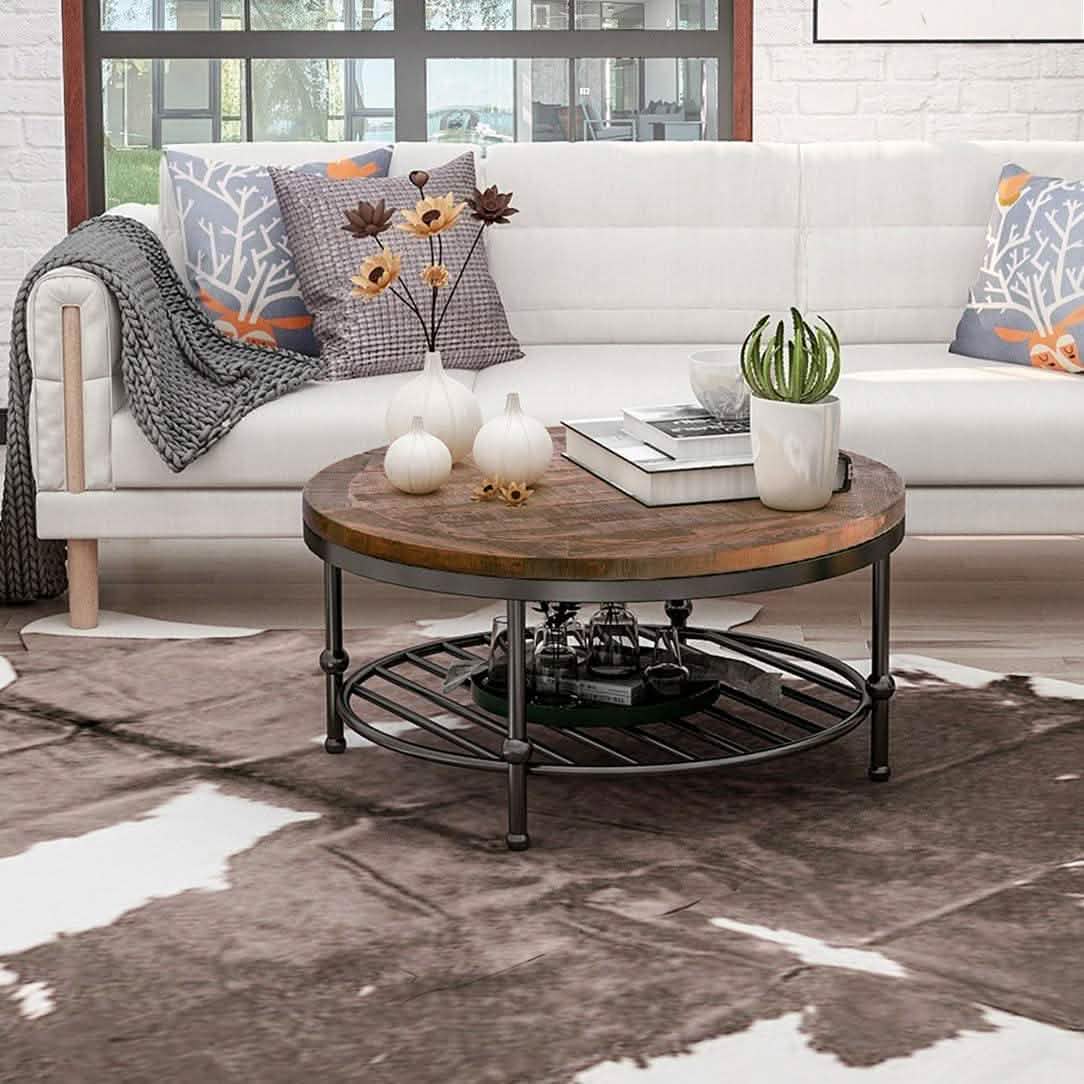 Antique Natural Coffee Table with Living Room Storage Rack