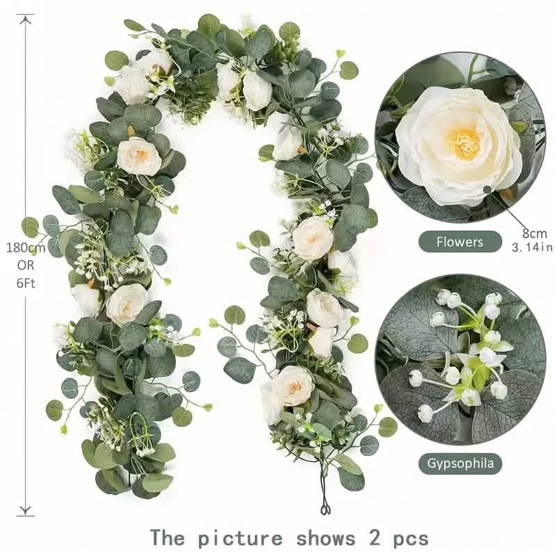 Guirlande d'eucalyptus artificielle avec fausses roses et gypsophile, verdure florale artificielle