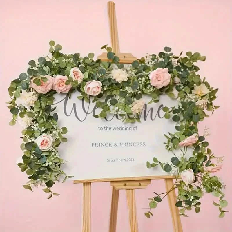 Guirlande d'eucalyptus artificielle avec fausses roses et gypsophile, verdure florale artificielle