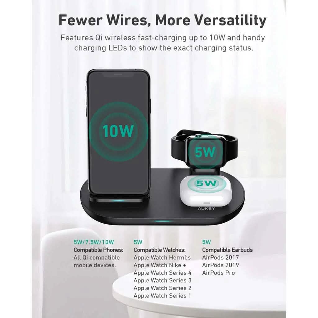Chargeur sans fil 3-en-1 AUKEY noir