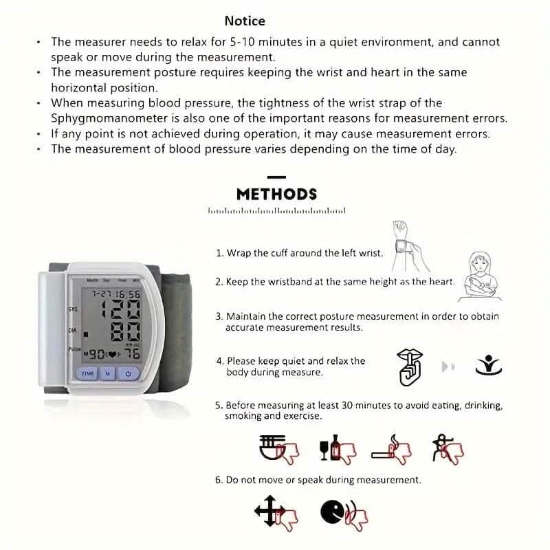Automatic Digital Wrist Blood Pressure Monitor with Large LCD Display and Adjustable Cuff