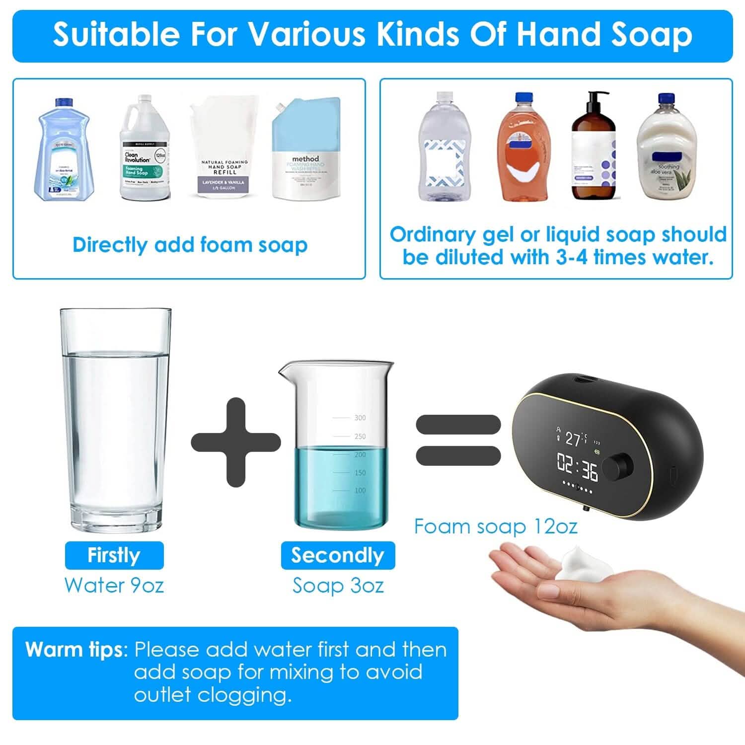 Automatic Soap Dispenser Wall Mounted Hand Free with Clock Temperature