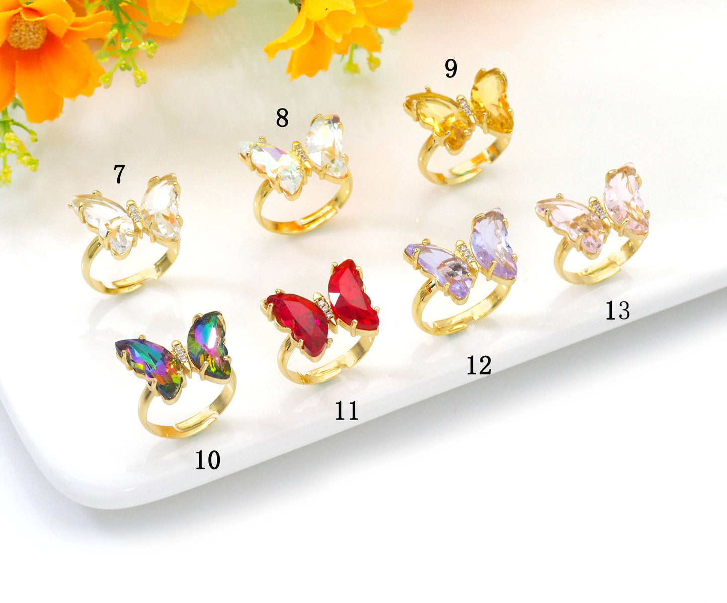 Colorful Crystal Butterfly Adjustable Ring, Sku#FH218