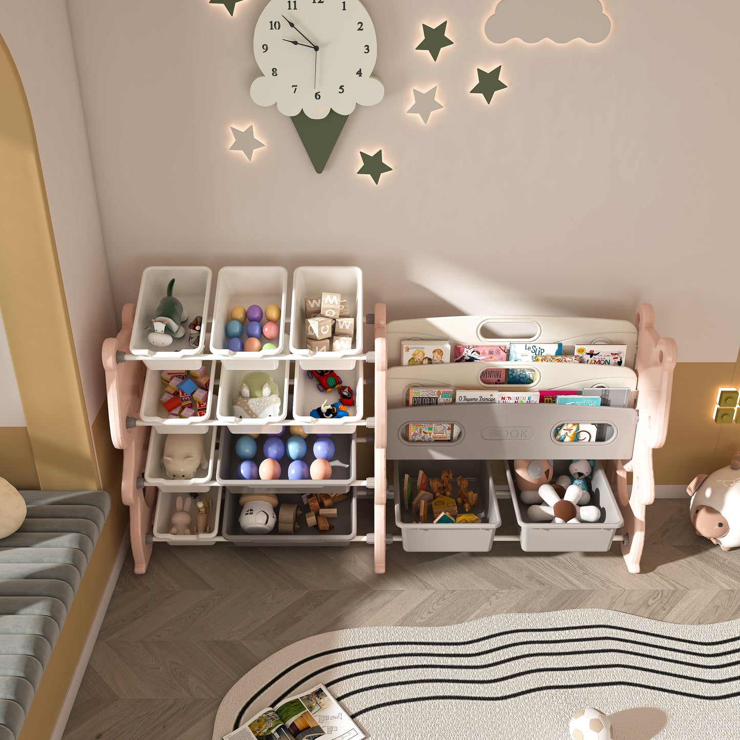 Kids Toy Storage Organizer with 2-Tier Bookshelf
