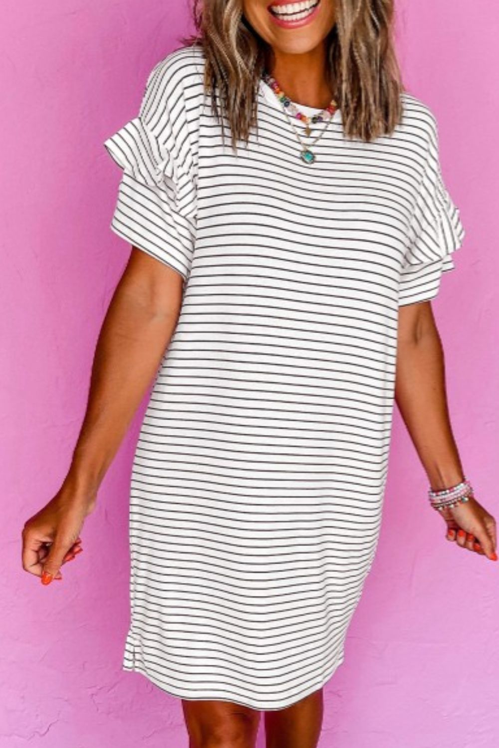 Stripe Round Neck Short Sleeve Mini Dress