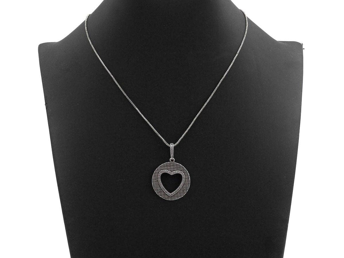 Antique Finish  CZ Micro Pave Hollow Out Heart Pendant, Silver Tone, 28x31mm,sku#F991C