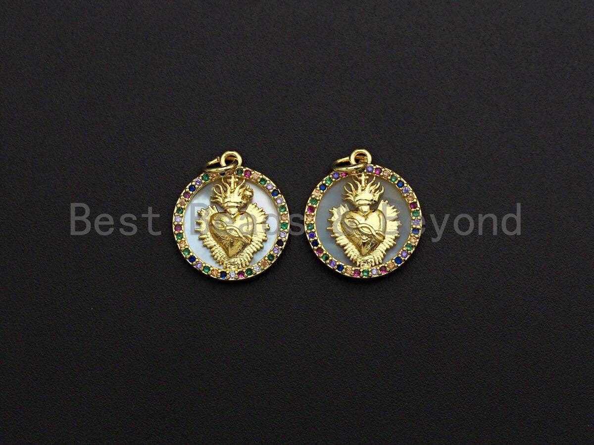 Colorful CZ Micro Pave Heart on Mother-of-pearl Pendant Charm, Cubic Zirconia Charm, 16x18mm,sku#Z844