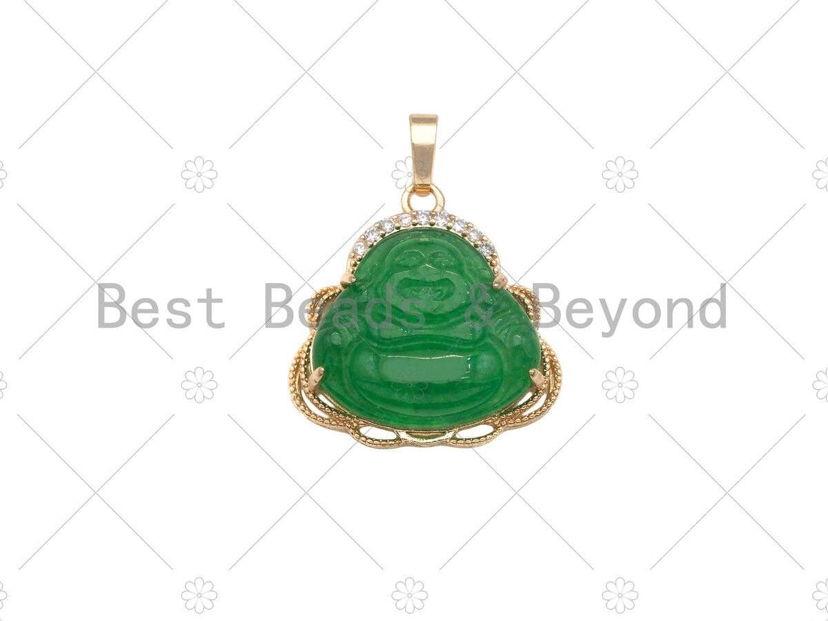 Green Jade Laughting Buddha CZ Pendant, Religious Buddhism Dainty Gold Pendant, Jadite Necklace Bracelet Pendant Charm,29x28mm, Sku#U1153