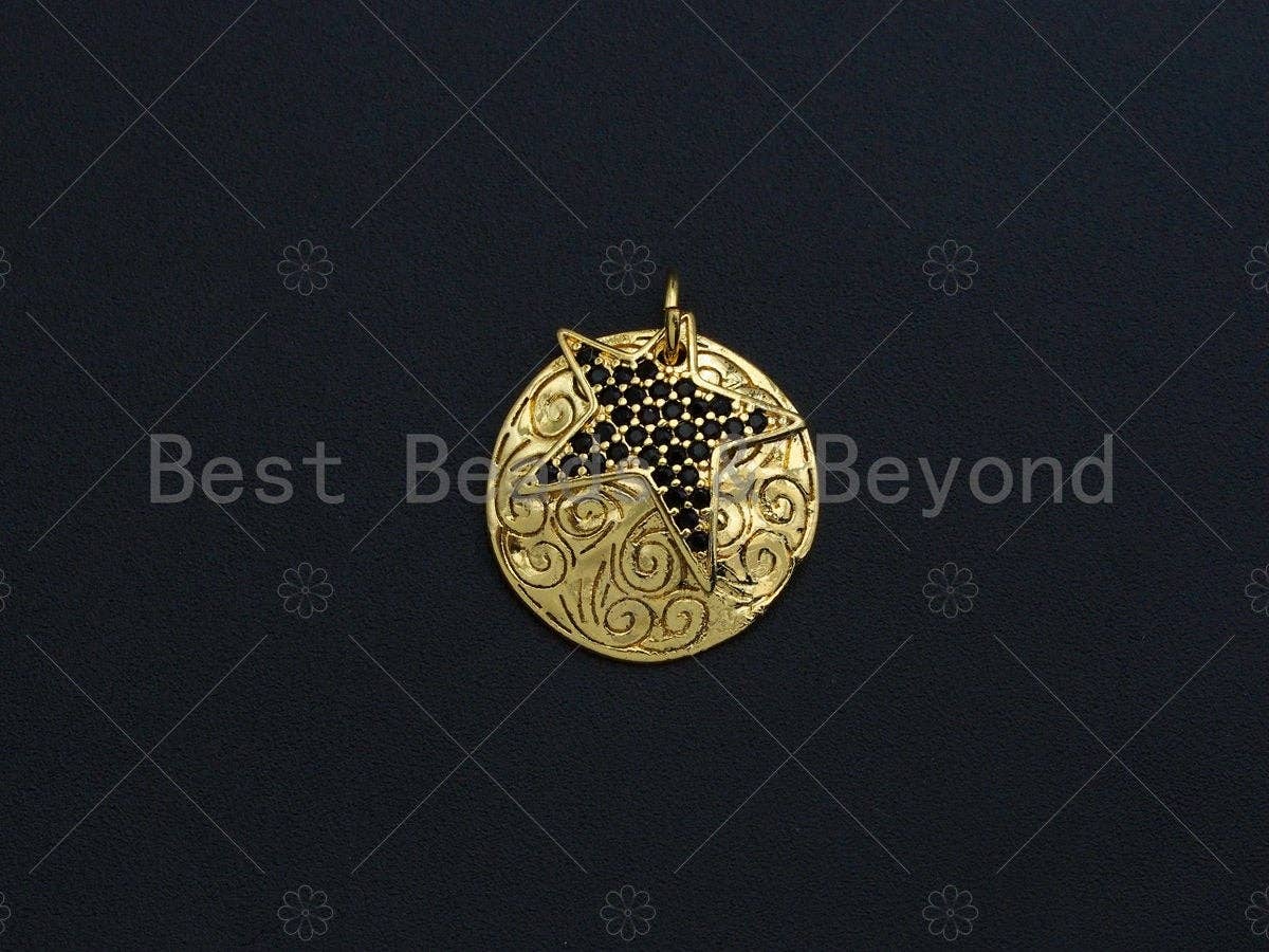18K Gold Medallion Round Coin with Black Pave Star Charm, Brass Medallion, Gold Coin Charm, 17mm, Sku#LK23