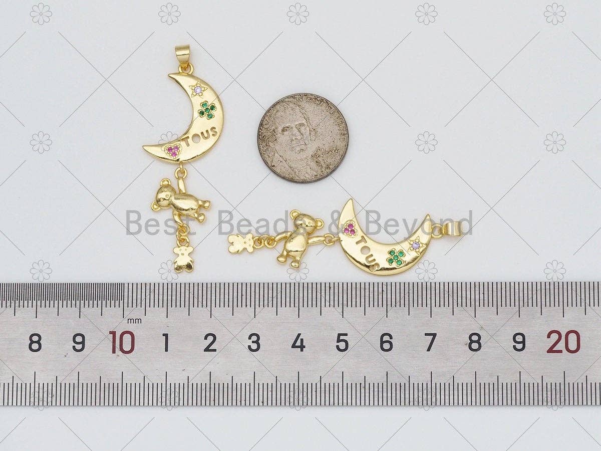 CZ Micro Pave Cresent Moon With Teddy Bear Shape Pendant,18K Gold Filled Moon Bear Charm, Necklace Bracelet Charm Pendant,16x51mm,Sku#LK477