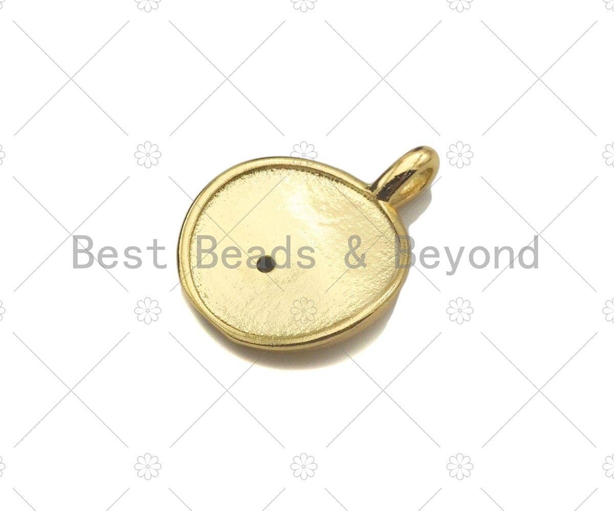 Black CZ Micro Pave Evil Eye On Round Coin Shape Charm, 18K Dainty Gold Medallion Charm, Necklace Bracelet Charm Pendant,14x19mm, Sku#LK252