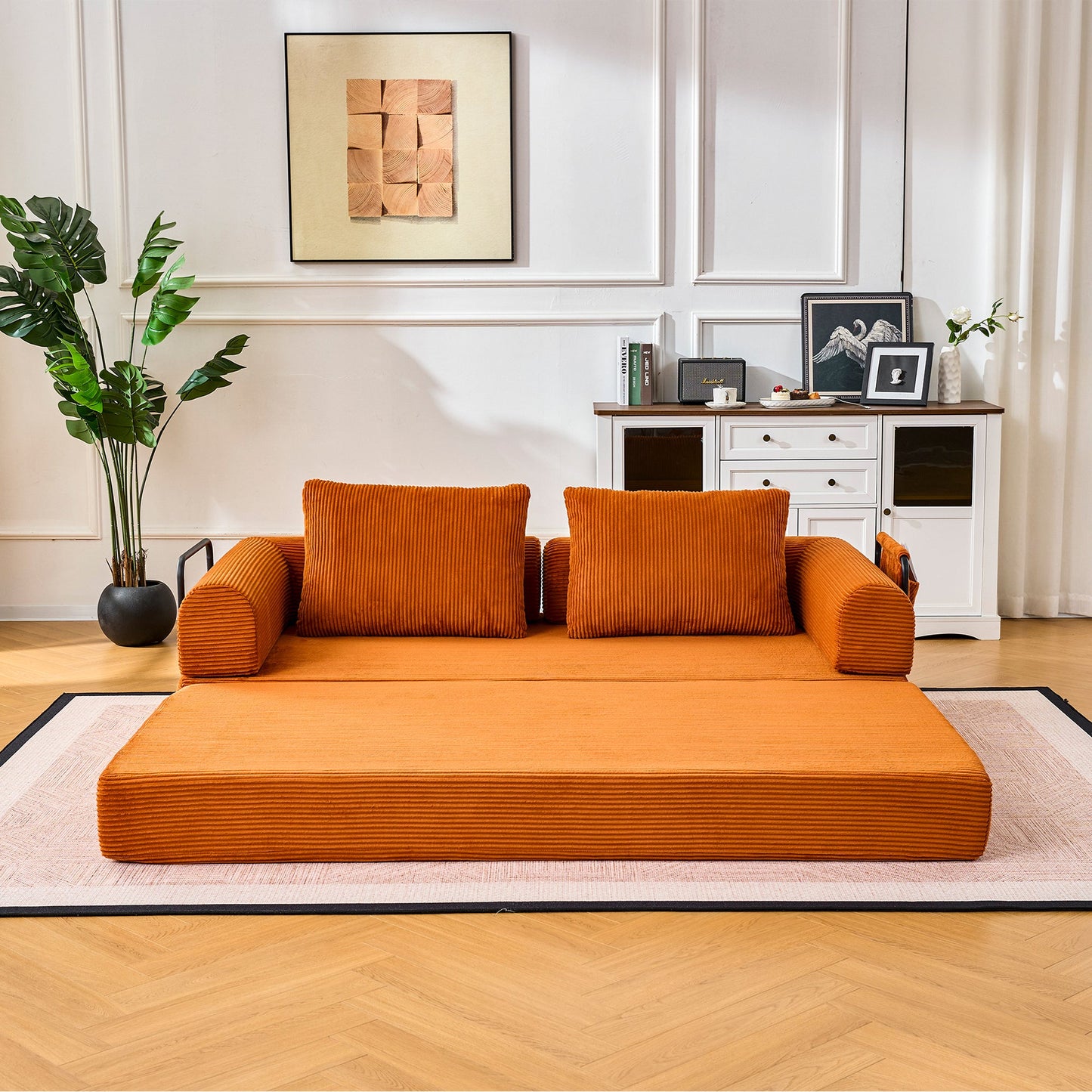 Convertible Sleeper Sofa Bed with Cylindrical Pillow - Orange