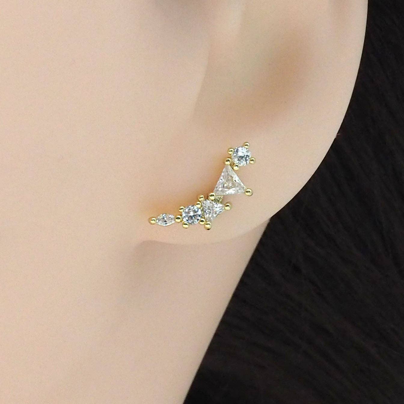 Gold Triangle CZ Moon Stud Earrings, Sku#LK855