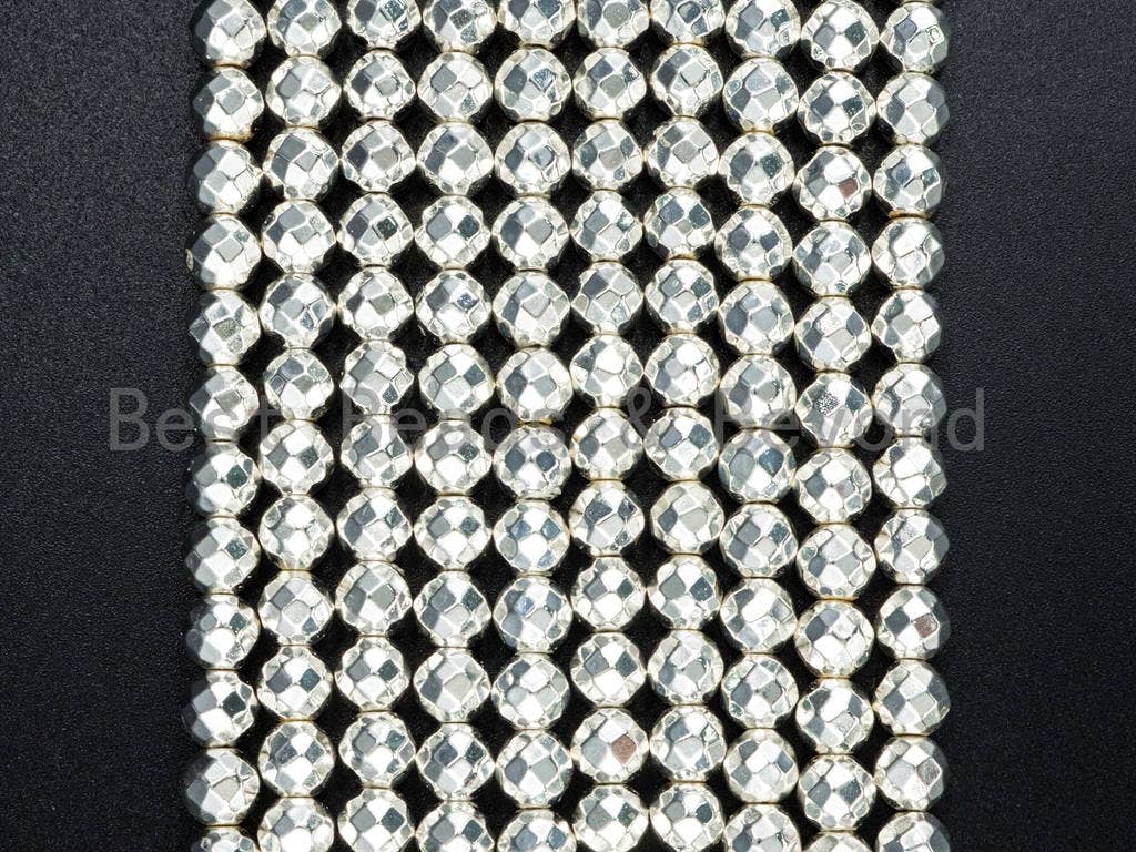 Natural Hematite Bright Silver Round Micro Faceted Beads, 2mm/3mm/4mm/6mm/8mm/10mm, Loose Tiny Sparkle Silver bead 15.5inch strand, SKU#S64