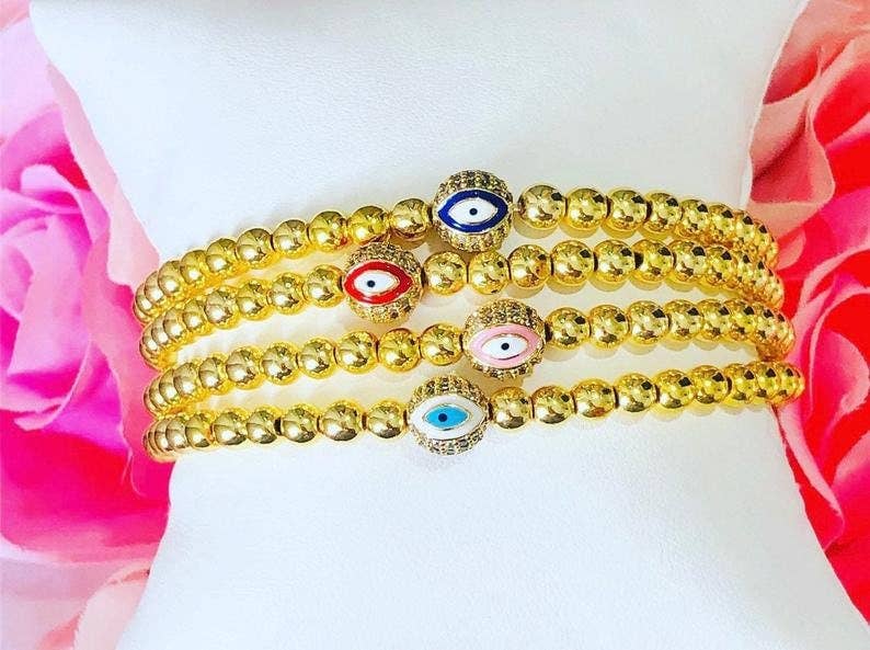 CZ Micro Pave Evil Eye Ball Beads, Gold Finish, 8mm/10mm Black/pink/Royal Blue/Tear Green/Red/Turquoise Blue Eye Pave Beads, Sku#G425