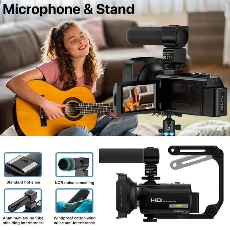 Appareil photo numérique HD 1080P avec zoom 16x, livré avec 2 batteries, carte TF 32 Go, micro, pare-soleil et sac.
